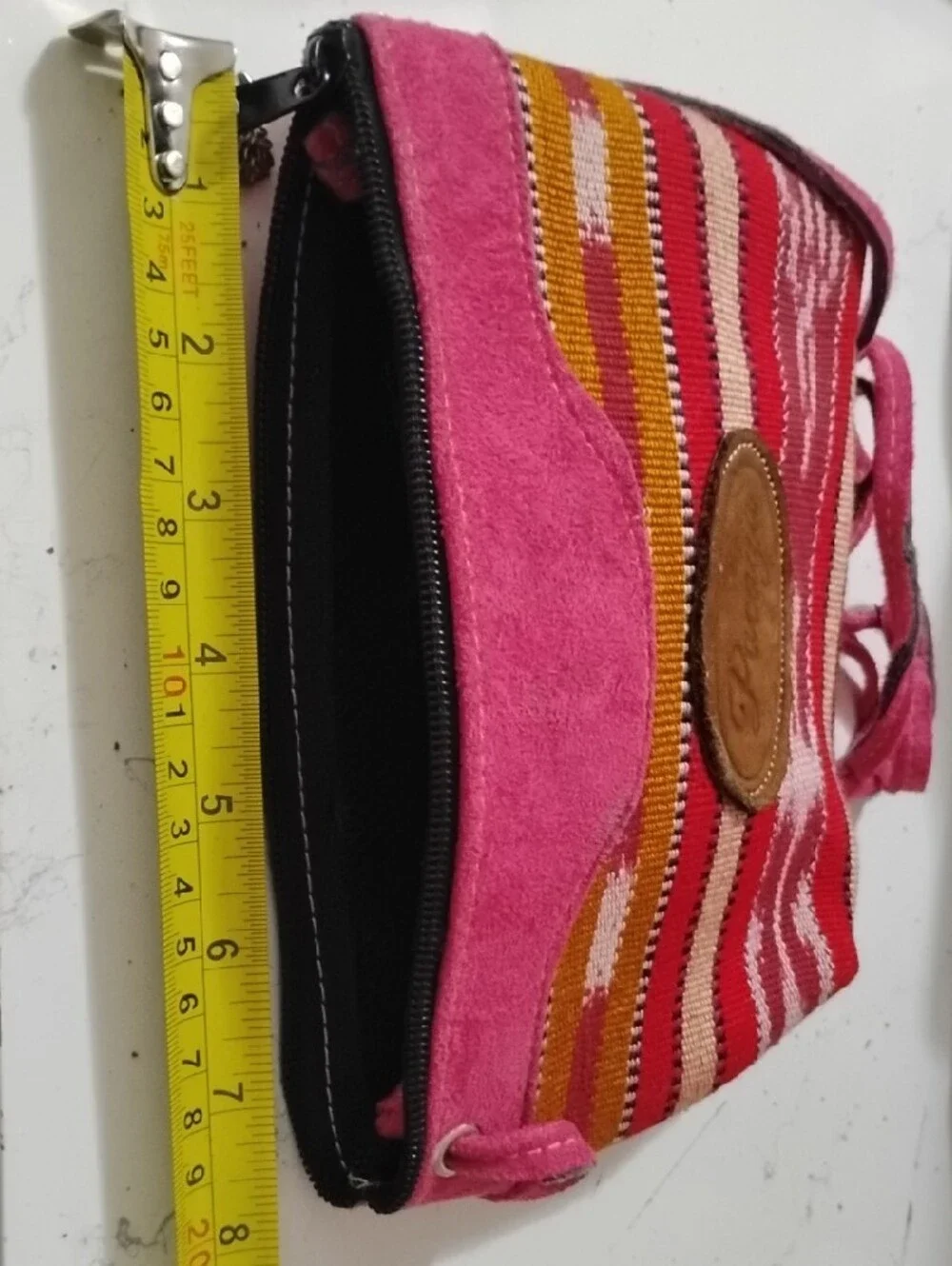 Pink Striped Crossbody Bag with Suede Trim